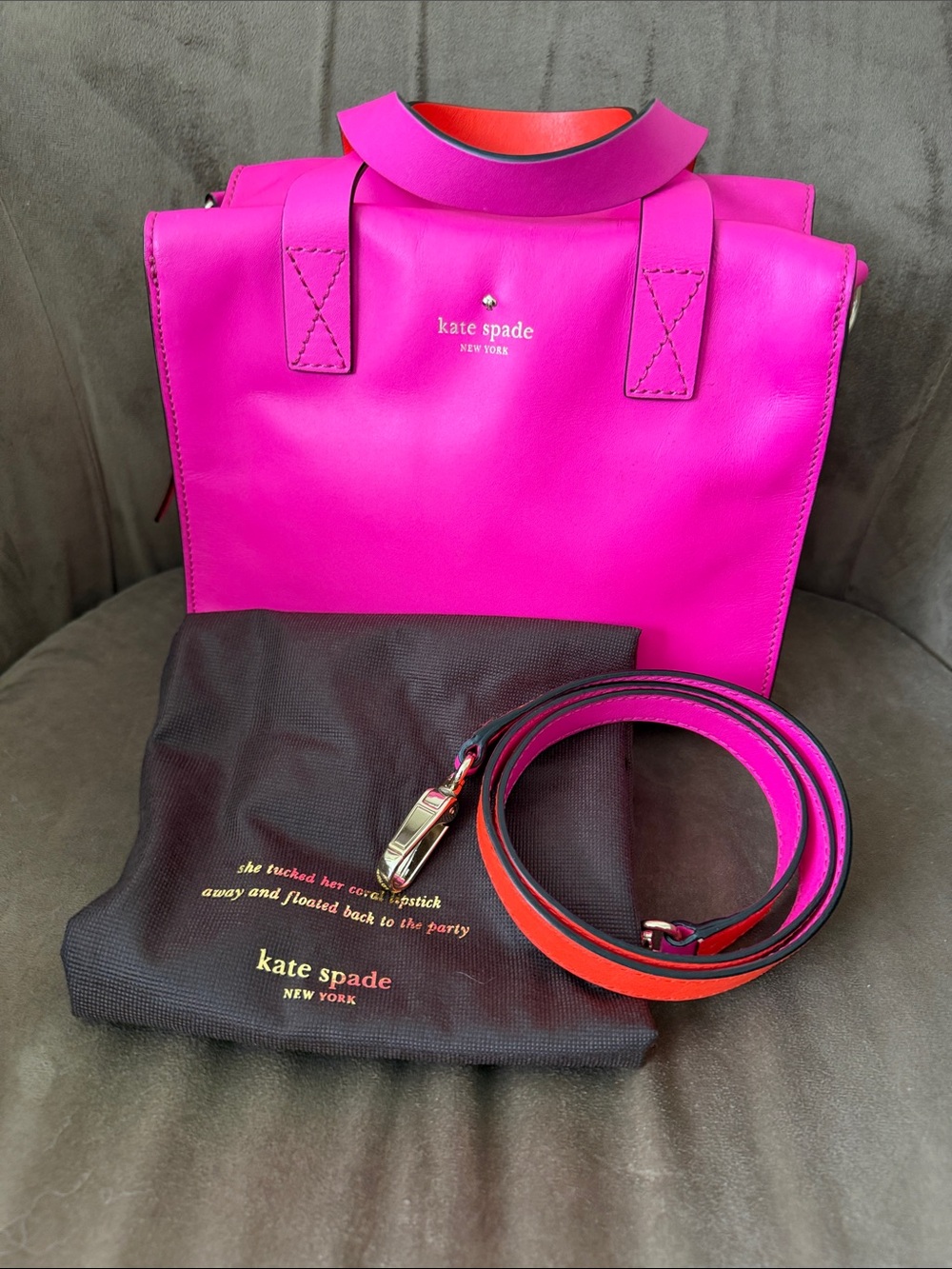 kate spade Hot Pink Leather Shoulder Bag with Contrasting OrangeTrim